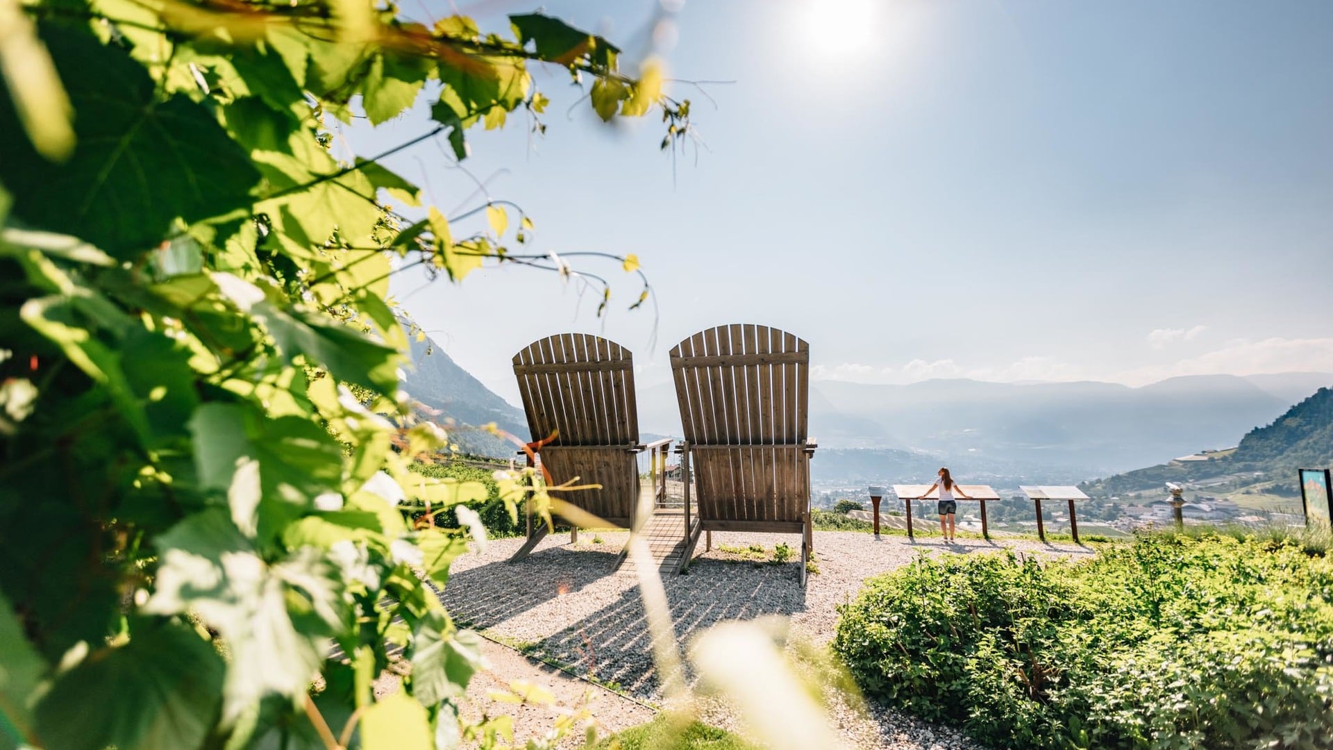 Trauttmansdorff throne chair in the sunshine with a breathtaking view of Algund